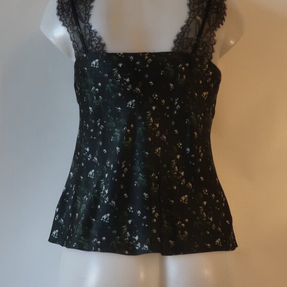 Womens Cami NYC 100% Silk Black, Blue Floral V-Neck Tank W/Lace Straps M* - Picture 4 of 6
